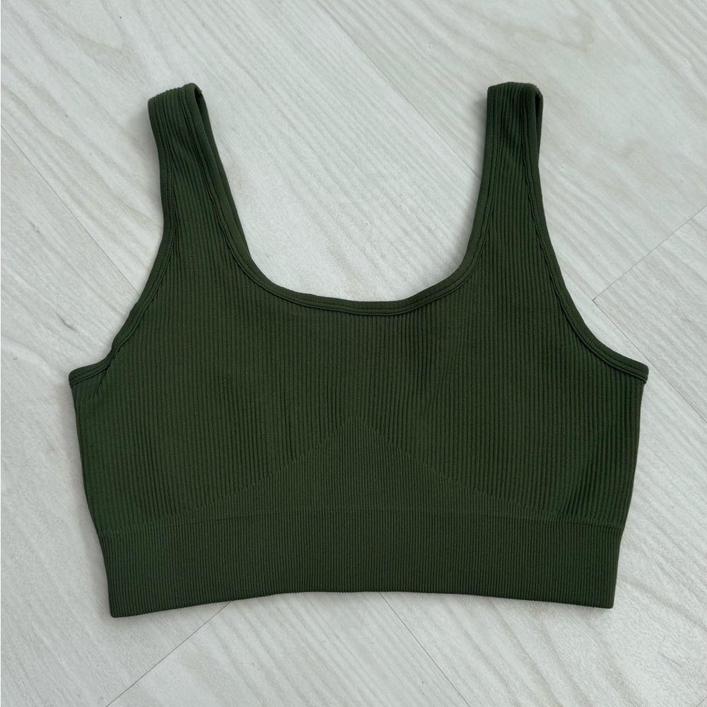 Green Ribbed Sports Bra